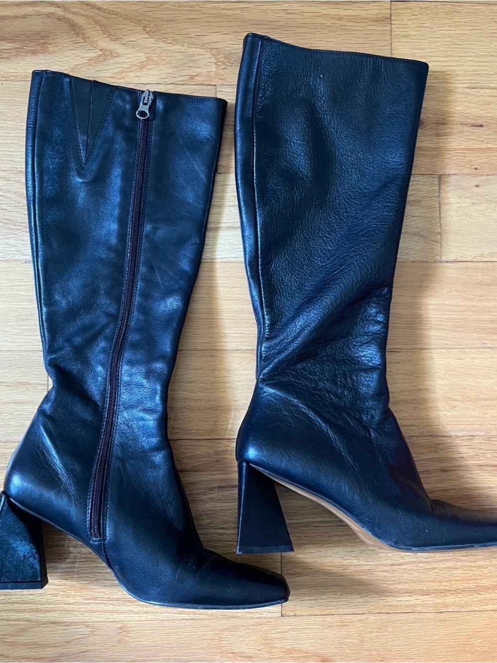 L'INTERVALLE Black Leather Knee-High Block Heel Boots